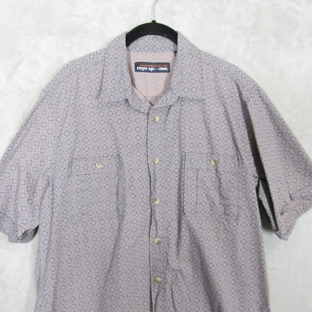 Reyn Spooner Button Up Shirt Mens Large Blue Tan Geometric Circle Print Cotton